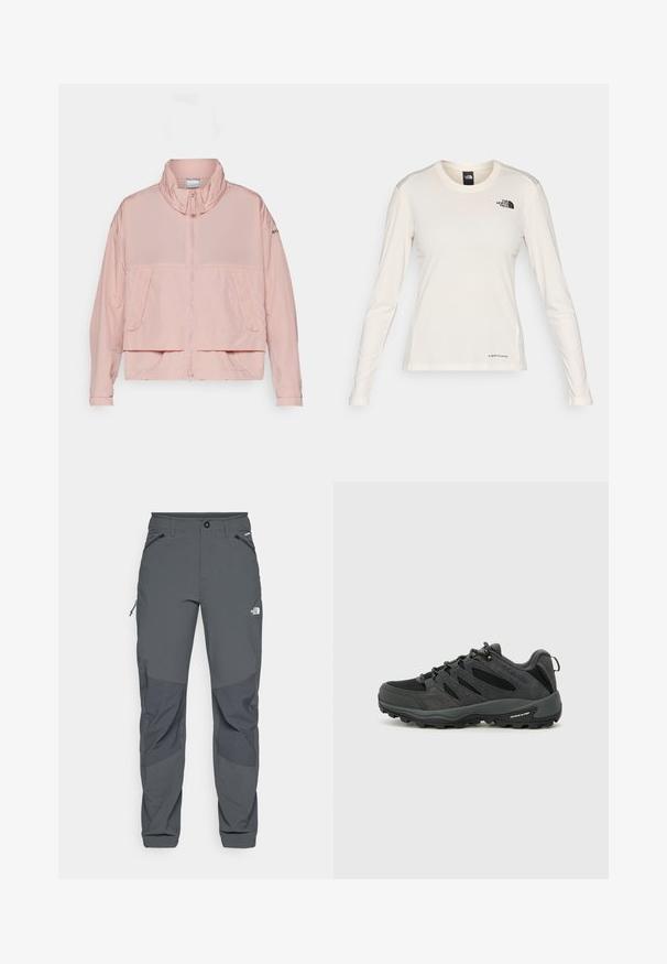 Columbia PARACUTIE™ - Tuulejope - eraser pink; The North Face SHADOW LONG SLEEVE - Pikkade varrukatega topp - white dune; Tumed hallid välistingimustes püksid, millel on tugevdused põlvedel, lukuga külje- ja eesTaskud, nupuga sulgur ning The North Face logo reie peal.; Columbia REDMOND - Matkajalatsid - black/citron haze