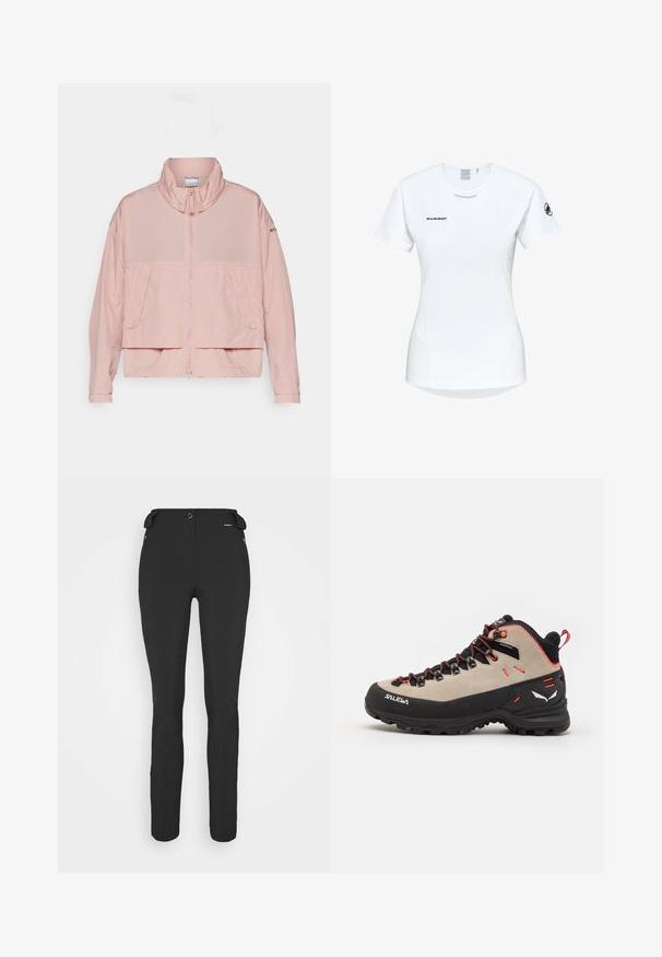 Columbia PARACUTIE™ - Windbreakers - eraser pink; Kortærmet hvid sportsshirt med rund hals, prydet med et logo på brystet og en glat, let stofstruktur.; Sorte, tætsiddende bukser lavet af et fleksibelt materiale. Funktioner inkluderer en lynlåslomme i siden, artikulerede knæ og en glat tekstur.; Herrehikingstøvler med en overdel i beige ruskind, sort gummisål, røde detaljer og snørebånd for en sikker pasform.