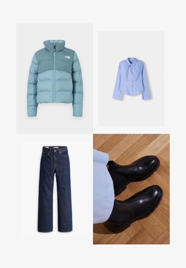 Pufová bunda v světle modré barvě s tmavší modrou panelem přes hruď. Obsahuje vysoký límec, přední zip a logo na levé straně.; Modrá a bílá pruhovaná košile s dlouhými rukávy, knoflíkovým zapínáním a rozšířeným límcem. Přizpůsobený střih a zakulacený lem. Texturovaný bavlněný materiál.; Tmavě modré džíny rovného střihu s pěti kapsami, oranžovým prošíváním a zapínáním na knoflík.; Černé kotníkové boty vyrobené z hladké kůže s elastickými bočními panely, texturovanou gumovou podrážkou a kontrastním prošíváním podél okraje.