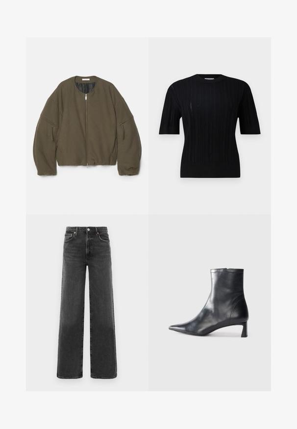 Olive green cropped bomber jacket with a round neckline, full front zipper, and two zippered side pockets. Made from a soft, textured fabric.; Filippa K BRAID - Jumper - black; Black high-waist straight-leg denim jeans with front button and zipper, two front pockets, and two back pockets.; Black leather ankle boot with a pointed toe and a sleek design. Features a low heel and a zipper closure at the back. Smooth texture.