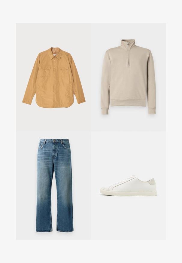Jasnobrązowa lekka kurtka z zapięciem na guziki, dwiema kieszeniami na piersi i prostym dołem. Wykonana z gładkiego materiału o subtelnym połysku.; Beżowy sweter z półgolfem i suwakim z przodu, długimi rękawami oraz ściągaczami przy mankietach i u dołu. Miękka faktura tkaniny, minimalistyczny design.; Ciemnozielona, długosleeve koszula henley wykonana z bawełny, z okrągłym dekoltem, pięcioma białymi guzikami i prążkowanymi mankietami. Gładka tekstura.; Jasnoniebieskie spodnie dżinsowe z szerokimi nogawkami i wyblakłym odcieniem, z zapięciem na pojedynczy guzik, pięcioma kieszeniami i kontrastowym przeszyciem.; Białe skórzane sneakersy o gładkiej powierzchni, okrągłym nosku i minimalistycznym wzornictwie. Zawierają beżowe akcenty na pięcie oraz gumową podeszwę.