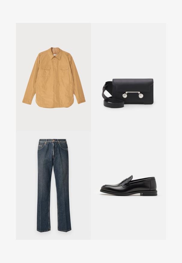 Tan lightweight jacket featuring a button-up front, two chest pockets, and a straight hem. Made from smooth fabric with a subtle sheen.; Cream-colored knit sweater with a polo collar, ribbed cuffs, and hem, featuring a front placket and soft texture.; Dark blue straight-leg denim jeans with front button, zip fly, double front pockets, and visible vertical creases down the legs.; Black leather loafers with a smooth texture, rounded toe, and a decorative strap across the vamp. Low stacked heel, minimalist design.; Black leather crossbody bag with a flap closure, silver-tone hardware, and two round accents. Features a detachable strap. Smooth texture.