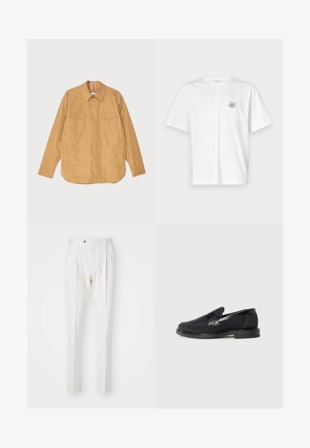 Beige, leichte Jacke mit Knopfverschluss, zwei Brusttaschen und geradem Saum. Hergestellt aus glattem Stoff mit einem dezenten Glanz.; Weißes T-Shirt aus Baumwolle mit kurzen Ärmeln, Rundhalsausschnitt und kleinem grauen Logo auf der linken Brustseite. Glatte Textur.; Weiße, maßgeschneiderte Hosen mit flachem Bund, zwei Falten und umgeschlagenen Säumen. Hergestellt aus einem glatten Stoff mit einem Knopfverschluss an der Taille.; Schwarzer geflochtener Slipper mit einem glatten Lederakzent im Obermaterial, einem runden Zehendesign und einer flachen Gummisohle.