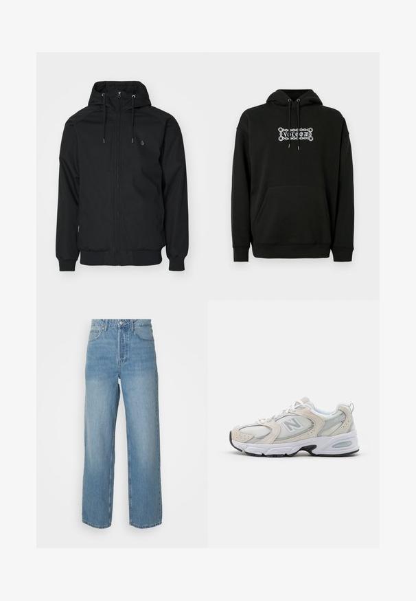 Zwarte capuchonjack met een ritssluiting aan de voorkant, elastische manchetten en een geribbelde onderrand. Bevat een klein logo op de linkerborst en een gladde stoftextuur.; Zwarte hoodie met een voorzak, verstelbare trekkoordkap en witte grafische tekstontwerp. Gemaakt van zachte, gestructureerde stof.; Hoge taille lichtblauwe denim jeans met rechte pijpen, sluiting met een knoop aan de voorkant en vijf zakken, op een effen achtergrond.; Atletiekschoen met een lichtgrijs mesh bovenwerk en suede accenten, witte veters en een zwarte rubberen zool. Opvallend ABZORB dempingdetail.