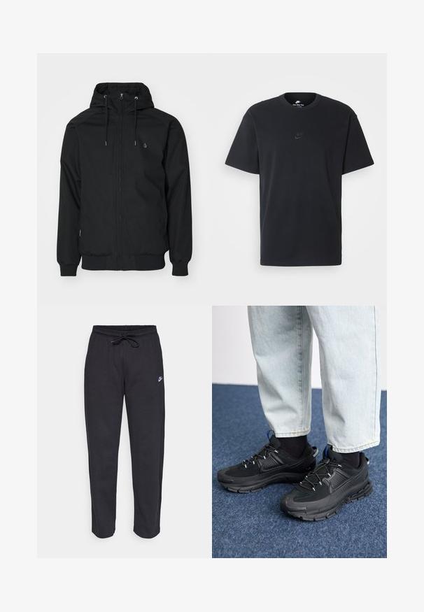 Čierna kapucňová bunda so zipsom vpredu, elastickými manžetami a rebrovaným spodným lemom. Obsahuje malé logo na ľavej hrudi a hladkú textúru látky.; Čierne bavlnené tričko Nike s klasickým okrúhlym výstrihom, krátkymi rukávmi a jemne embosovaným logom na hrudi. Hladká textúra.; Čierne tepláky vyrobené z mäkkej tkaniny s elastickým pásom, sťahovacou šnúrkou a malým logom Nike na ľavom stehne.; Čierne športové topánky s textúrovanou tkaninou a gumovou podrážkou, so elastickými šnúrkami a modrým akcentom na päte. Nosia sa s svetlými riflami.