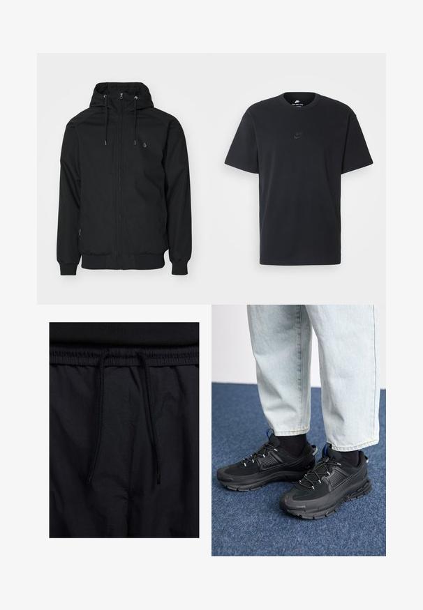 Czarna kurtka z kapturem, zapinana na zamek, z elastycznymi mankietami i ściągaczem u dołu. Posiada małe logo na lewej piersi oraz gładką teksturę materiału.; Czarny bawełniany t-shirt Nike z klasycznym okrągłym dekoltem, krótkimi rękawami oraz subtelnym, wytłoczonym logo na piersi. Gładka tekstura.; Czarne szorty z elastycznym paskiem na sznurku, lekkiego materiału o gładkiej fakturze oraz prostym wzornictwie bez widocznych logo czy wzorów.; Czarne buty sportowe z teksturowanej tkaniny i gumowymi podeszwami, z elastycznymi sznurówkami i niebieskim akcentem na pięcie. Noszone z jasnymi dżinsami.