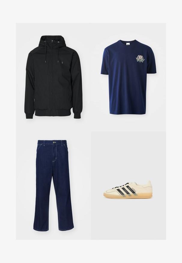 Veste noire à capuche avec fermeture éclair à l'avant, poignets élastiques et ourlet côtelé. Présente un petit logo sur la poitrine gauche et une texture de tissu lisse.; T-shirt en coton bleu marine avec des manches courtes, un col rond et un logo brodé avec des accents de laurier sur la poitrine gauche.; Pantalons en denim bleu foncé avec une coupe droite, ornés de légers détails de coutures et d'une fermeture à bouton à l'avant. Texture lisse.; Sneaker crème clair avec un design à trois bandes noires, dessus texturé, bout rond et semelle en caoutchouc. Présente des lacets et une marque sur le côté.