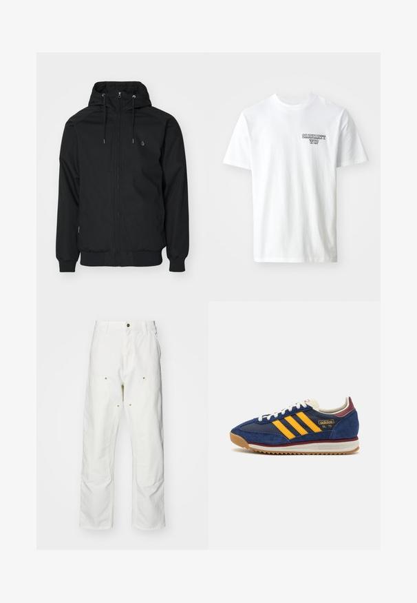Svart huva jacka med dragkedja fram, elastiska ärmslut och ribbad nederkant. Har en liten logotyp på vänster bröst och en slät tygtextur.; Vit bomullströja med rundad halsringning. Har en liten blå textlogotyp "CARHARTT WIP" på vänster bröst. Klassisk passform, korta ärmar.; Vita bomullscargo Byxor med en avslappnad passform. Funktioner inkluderar framfickor, guld Accentdetaljer och förstärkta knäsektioner.; Marinblå mockasneakers med gula ränder, vita snören och vinröda accenter. Texturerad sula med skåror för grepp. Märkeslogotyp på sidan.