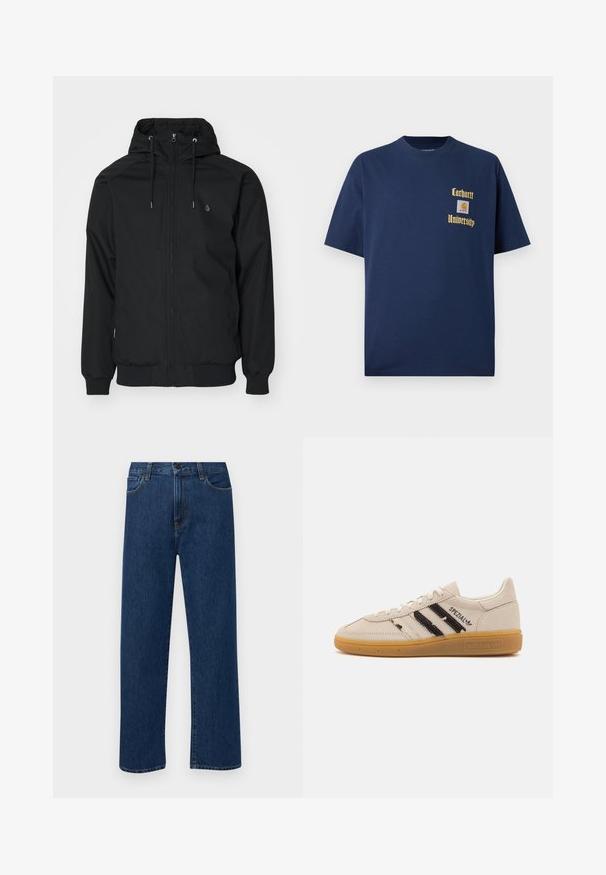 Schwarze Kapuzenjacke mit Reißverschluss, elastischen Bündchen und geripptem Saum. Verfügt über ein kleines Logo auf der linken Brust und eine glatte Stoffstruktur.; Marineblaue Baumwoll-T-Shirt mit kurzen Ärmeln, mit goldener Schrift "Carhartt University" und einem Logo-Patch auf der linken Brust.; Dunkelblaue gerade geschnittene Jeans mit Fronttaschen und Knopfverschluss, auf einem schlichten weißen Hintergrund präsentiert.; Beige Wildlederschuh mit schwarzen Streifen und "Spezial"-Text, verfügt über eine strukturierte Gummisohle und klassisches Schnürdesign.