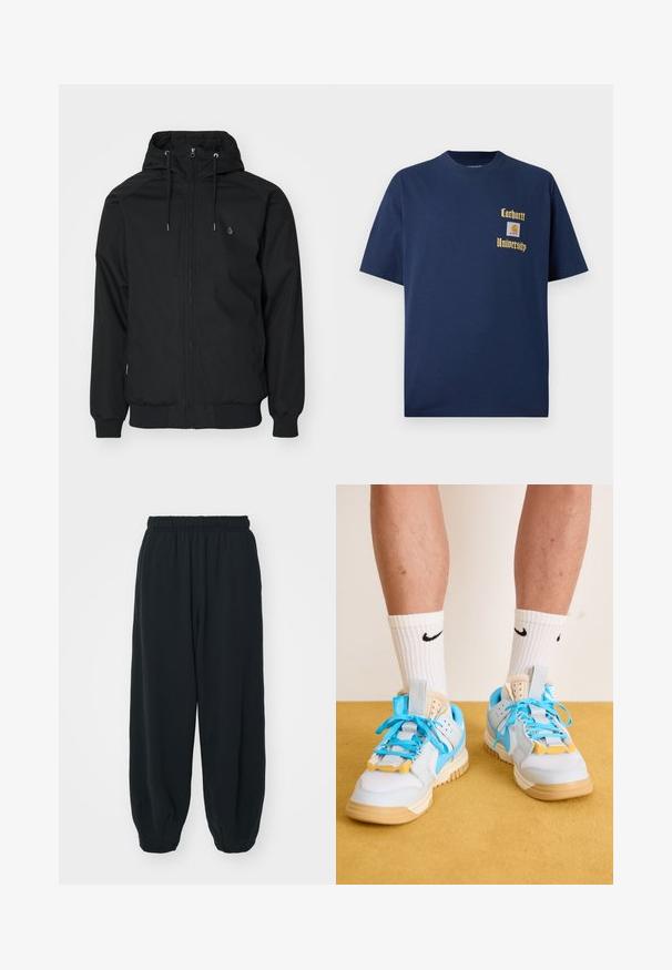 Giacca nera con cappuccio, chiusura a zip, polsini elasticizzati e orlo a coste. Presenta un piccolo logo sul lato sinistro del petto e una superficie in tessuto liscia.; T-shirt in cotone blu navy con maniche corte, caratterizzato da testo dorato "Carhartt University" e un patch del logo sul lato sinistro del petto.; Pantaloni da jogging neri con vita elasticizzata, dalla vestibilità morbida, caviglie a costina, texture liscia e senza motivi visibili o dettagli in metallo.; Sneaker azzurri chiari con suole beige, dotati di stringhe turchesi prominenti e accenti gialli. Materiali testurizzati e ammortizzazione d'aria visibile.
