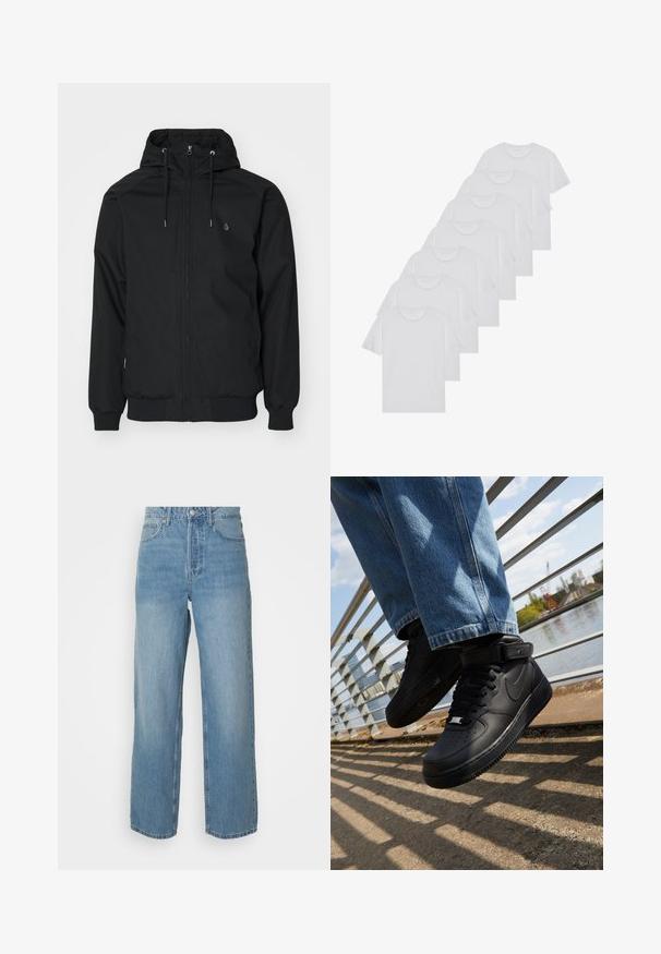 Casaco preto com capuz, fecho de correr à frente, punhos elásticos e bainha canelada. Apresenta um pequeno logótipo no lado esquerdo do peito e uma textura de tecido suave.; T-shirts brancos de algodão, mangas curtas, design de gola redonda, com textura lisa, empilhados em fila, com uma marcação subtil na gola.; Jeans de ganga de cintura alta, azuis claros, com pernas retas, fechamento frontal com botão e estilo de cinco bolsos em fundo liso.; Sapatilhas Nike Air Force 1 pretas com parte superior em pele, língua em malha e sola em borracha, apresentando um design de cano alto e atacadores grossos.