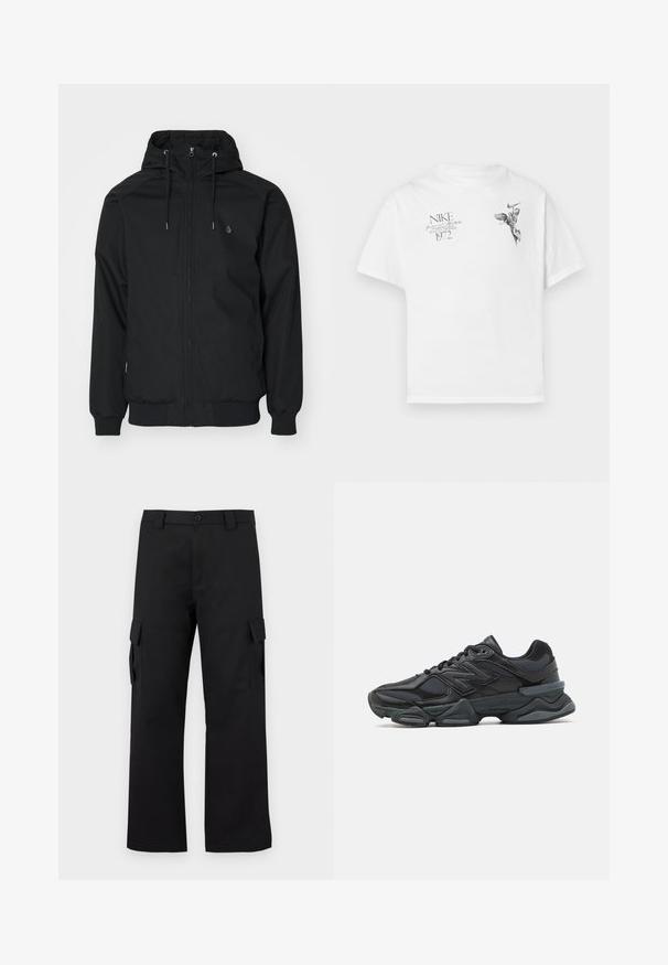 Black hooded jacket with a zip front, elastic cuffs, and a ribbed hem. Features a small logo on the left chest and a smooth fabric texture.; White cotton t-shirt featuring a black graphic print of a winged figure and text, with a crew neck and short sleeves.; Black cargo pants with a straight leg design. Made from durable fabric, featuring two side pockets with flap closures and a button fly.; Black running shoe featuring a mix of mesh and synthetic materials, chunky sole, curved design, and prominent branding on the side.