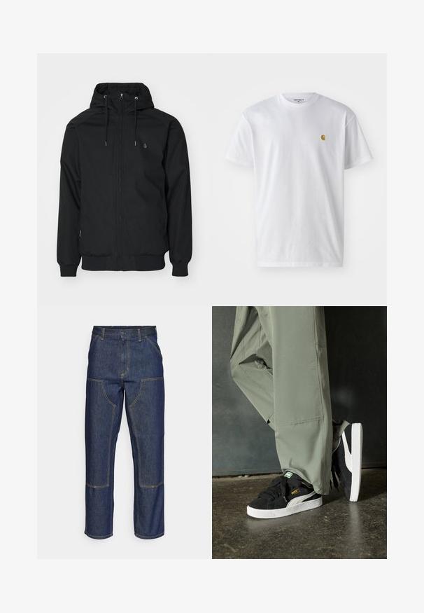 Črna kapuca jakna z zadrgo spredaj, elastičnimi manšetami in rebrastim robom. Ima majhen logotip na levem prsnem delu in gladko teksturo tkanine.; Bela bombažna majica s kratkimi rokavi, krožnim ovratnikom, z majhnim zlatim logotipom na levem prsnem predelu. Mehka tekstura in običajen kroj.; Temno modri kavbojke z visokim pasom, ravnim krojem, kontrastnim šivom in žepekami na sprednji strani.; Črne semšaste športne copate z belimi gumijastimi podplati in stranskimi črtami, v kombinaciji s svetlo zelenimi cargo hlačami, ki stojijo na teksturirani temni površini.