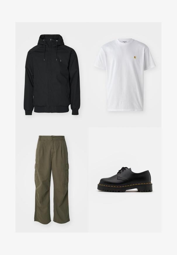 Zwarte capuchonjack met een ritssluiting aan de voorkant, elastische manchetten en een geribbelde onderrand. Bevat een klein logo op de linkerborst en een gladde stoftextuur.; Witte katoenen t-shirt met korte mouwen en ronde hals, voorzien van een klein gouden logo op de linkerkant van de borst. Zachte textuur en een normale pasvorm.; Cargo broek in olijfgroen, gemaakt van katoen, met een wijd broekontwerp, plooien en zijzakken voor utility.; Zwarte leren veterschoen met een ronde neus, getextureerde rubberen zool en gele stiksels rond de basis. Plat ontwerp en een gladde afwerking.