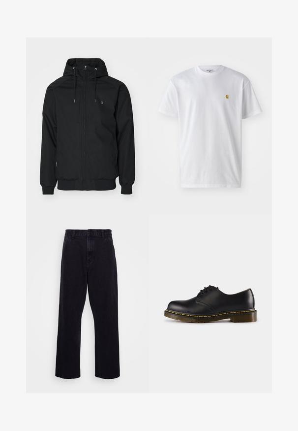 Giacca nera con cappuccio, chiusura a zip, polsini elasticizzati e orlo a coste. Presenta un piccolo logo sul lato sinistro del petto e una superficie in tessuto liscia.; T-shirt bianco in cotone con maniche corte, con colletto girocollo, caratterizzato da un piccolo logo dorato sulla parte sinistra del petto. Tessuto morbido e vestibilità regolare.; Pantaloni in denim nero con design a gamba dritta, dotati di chiusura con bottone e zip, passanti per cintura e dettagli di cucitura minimi.; Scarpa in pelle nera con punta arrotondata, design con lacci, cuciture gialle lungo la suola e suola in gomma spessa e testurizzata.