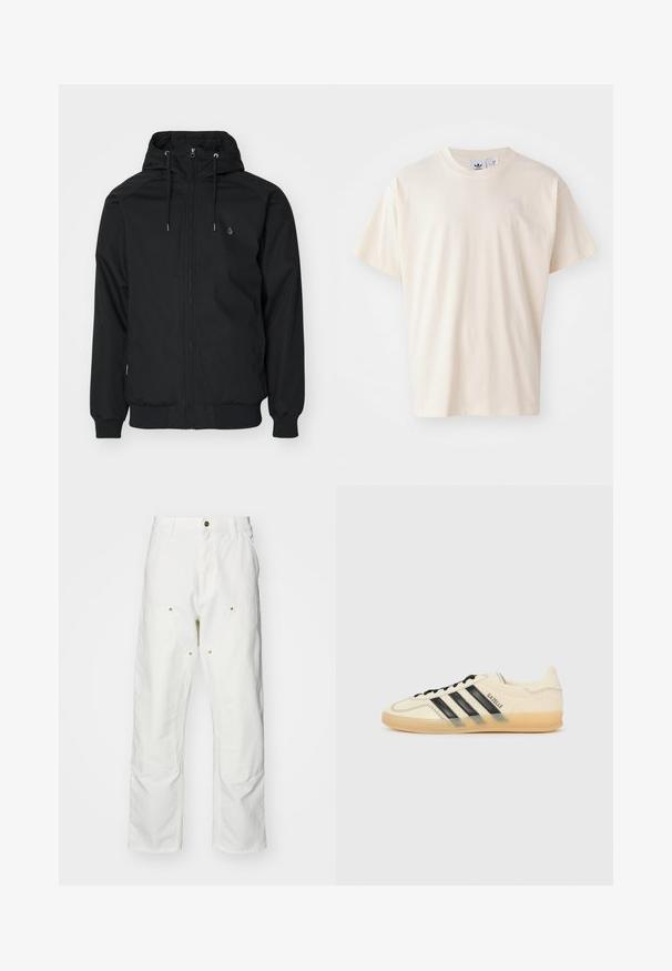 Black hooded jacket with a zip front, elastic cuffs, and a ribbed hem. Features a small logo on the left chest and a smooth fabric texture.; Cream cotton t-shirt with a round neckline and short sleeves; features a small, light-colored logo on the chest.; White cotton cargo pants with a relaxed fit. Features include front pockets, gold hardware accents, and reinforced knee sections.; Light cream sneaker with black three-stripe design, textured upper, round toe, and gum sole. Features laces and branding on side.