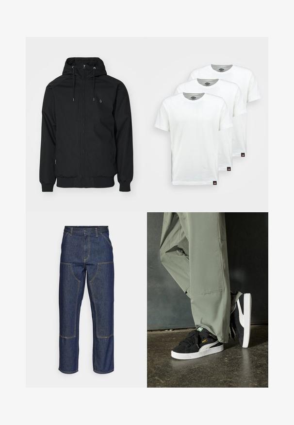 Black hooded jacket with a zip front, elastic cuffs, and a ribbed hem. Features a small logo on the left chest and a smooth fabric texture.; Three plain white cotton t-shirts with short sleeves. Each shirt features a round neckline and a small black logo tag on the left side.; Dark blue denim jeans with a high waist, straight leg design, contrasting stitching, and patch pockets on the front.; Black suede sneakers with white rubber soles and side stripes, paired with light green cargo pants, standing on a textured dark surface.