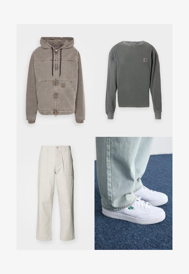 Carhartt WIP ARLING JACKET - Suvejakk - black; Hallhunnik, halli pikad varrukad, ümar kaelus, millel on ribakujundus. Vasakul rinnal on väike ruudukujuline logo ja ribakujundusega varrukate otsad.; Heledbeez värvi laiad püksid, mis on valmistatud puuvillast. Omavad esi-taskuid ja nupuga sulgemist. Sile tekstuur, millel on õrnad vertikaalsed jooned.; Valged nahast tennisetossud rohelise Nike logo ja ümarate varvastega, lamedate taldadega, koos helesiniste teksapükstega, esitatud sinisel vaibal.