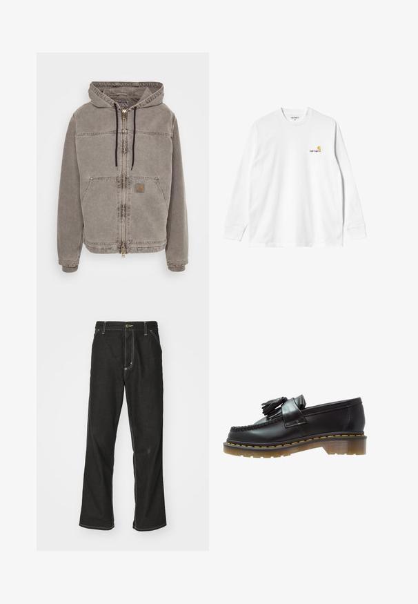 Carhartt WIP ARLING JACKET - Skraistė - black; Ilgavais baltas medvilninis marškinėliai su apykakle, su mažuoju geltonos ir raudonos spalvos logotipu kairėje krūtinės pusėje. Be siūlių rankogaliai ir pakloto kraštas.; Juodi džinsai su laisvu siluetu, turintys kontrastingas balto siūlo siūles, mygtuko uždarymą ir tiesų kojos dizainą.; Juodai odiniai loaferiai su tekstūruotu paviršiumi, dekoruoti dekoratyvinėmis kutais ir kontrastingomis geltonomis siūlėmis, ant masyvaus, skaidraus pado.