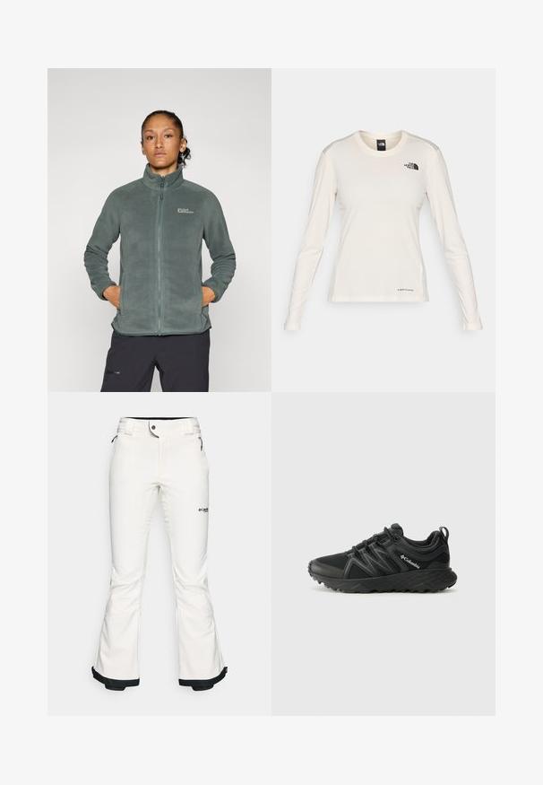Giacca in fleece verde leggero e texturizzato con colletto alto e chiusura a zip. Presenta tasche laterali e un logo sulla parte superiore sinistra del petto.; The North Face SHADOW LONG SLEEVE - Maglietta a manica lunga - white dune; Pantaloni da sci bianchi realizzati in materiale morbido e flessibile. Presentano una vita aderente, gambe ampie e svasate, con rifiniture nere ai polsini. Logo del marchio visibile.; Columbia PEAKFREAK - Scarpa da hiking - black