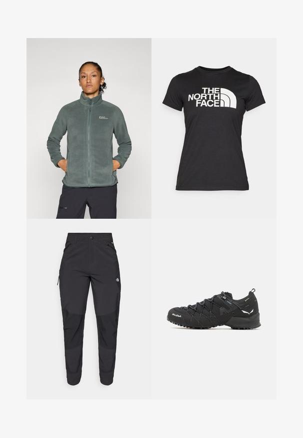 Chaqueta de forro polar verde, ligera y texturizada, con un alto cuello y cierre de cremallera. Cuenta con bolsillos laterales y un logo en la parte superior del lado izquierdo del pecho.; Camiseta negra de algodón con mangas cortas. Presenta un gran texto de logo blanco y un gráfico curvado en el frente. Textura suave.; Pantalones exteriores negros hechos de tela duradera. Cuentan con bolsillos con cremallera, refuerzos en las rodillas y un diseño de corte recto para mayor movilidad.; Zapatos de senderismo negros con una parte superior de tela texturizada, sistema de cordones y suela de goma resistente. Acabados con detalles reflectantes y logotipos.