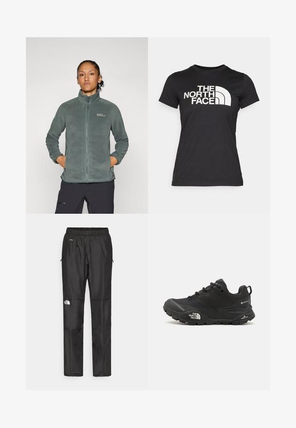 Giacca in fleece verde leggero e texturizzato con colletto alto e chiusura a zip. Presenta tasche laterali e un logo sulla parte superiore sinistra del petto.; T-shirt nera in cotone con maniche corte. Presenta una grande scritta bianca e una grafica curvata sul davanti. Texture liscia.; Pantaloni impermeabili neri realizzati in tessuto leggero, dotati di cintura elastica, tasche laterali e un logo sulla gamba sinistra.; Scarpa da trekking nera con una tomaia texturizzata, chiusura con lacci e una suola di gomma spessa che presenta un logo prominente sul lato e disegni del battistrada.