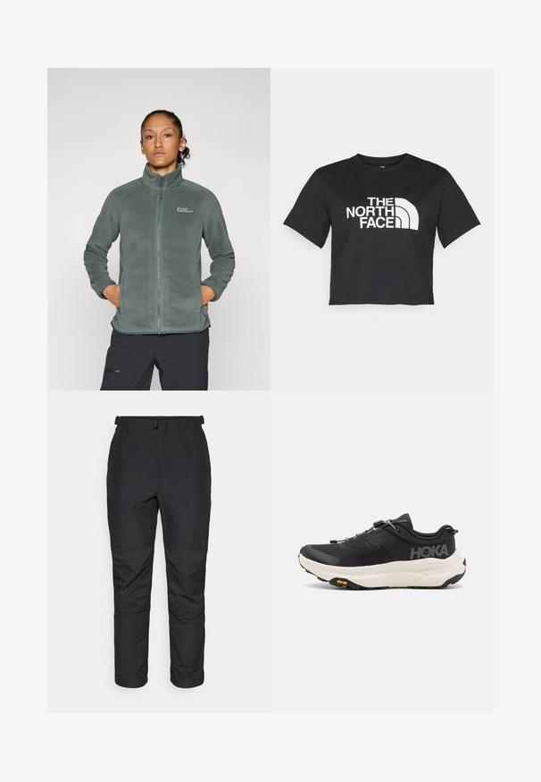 Giacca in fleece verde leggero e texturizzato con colletto alto e chiusura a zip. Presenta tasche laterali e un logo sulla parte superiore sinistra del petto.; Maglietta nera corta in cotone, con un logo bianco con accenti curvi e testo "THE NORTH FACE" sul davanti. Maniche corte, colletto alla marinara.; Pantaloni outdoor neri realizzati in materiale leggero, con una texture liscia, vita elastica, tasca con zip e dettagli in pannello sulle gambe inferiori.; Scarpe da ginnastica nere con tomaia in mesh traspirante, suola in gomma, intersuola bianca ammortizzante e lacci riflettenti. Logo Vibram sulla suola.