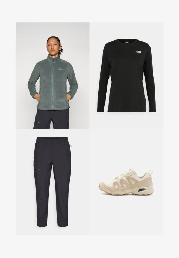 Lightweight, textured green fleece jacket with a high collar and zip closure. Features side pockets and a logo on the upper left chest.; Black long-sleeve t-shirt made of cotton with a round neck. Features a small white logo on the left chest area. Simple design and fit.; Jack Wolfskin PRELIGHT TRAIL - Outdoor trousers - black; Beige and cream athletic shoe with textured mesh upper, supportive overlays, and rubber outsole featuring a tread pattern for traction.