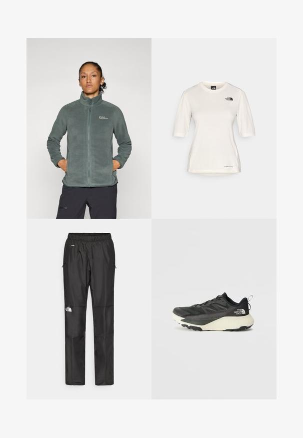 Jachetă din fleece verde, ușoară și texturată, cu guler înalt și închidere cu fermoar. Prezintă buzunare laterale și un logo pe partea superioară stângă a pieptului.; The North Face SHADOW SHORT SLEEVE - Bluză sport - white dune; Pantaloni impermeabili negri, confecționați dintr-un material ușor, cu o talie elastică, buzunare laterale și un logo pe piciorul stâng.; Pantofii sport negri cu un superior texturat, având accente gri și o talpă intermediară albă. Include un sistem de prindere și un logo de marcă proeminent pe călcâi.