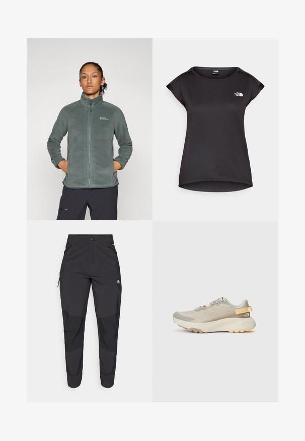 Jachetă din fleece verde, ușoară și texturată, cu guler înalt și închidere cu fermoar. Prezintă buzunare laterale și un logo pe partea superioară stângă a pieptului.; The North Face TANKEN TANK - Bluză sport - black; Pantaloni de exterior negri, dintr-un material rezistent. Prezintă buzunare cu fermoar, panouri întărite pentru genunchi și un design drept pentru mobilitate.; Pantofii de alergare de culoare bej deschis au un superior din plasă texturată, accente gri, talpă din cauciuc durabil și un tab de prindere la spate pentru a ușura îmbrăcarea.