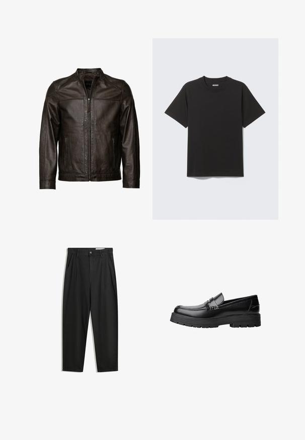 JCC Leren jas - brown; Zwart T-shirt met korte mouwen gemaakt van zachte katoen, met een ronde halslijn en een eenvoudig ontwerp zonder patronen of accenten.; Zwarte katoenen broeken met een losse pasvorm, voorzien van een klassieke tailleband, voorplooien en zijzakken. Gladde structuur zonder patronen.; Zwarte leren loafer met een chunky profielzool en een decoratieve band over de bovenkant, weergegeven in het linkerzijprofiel op een witte achtergrond.