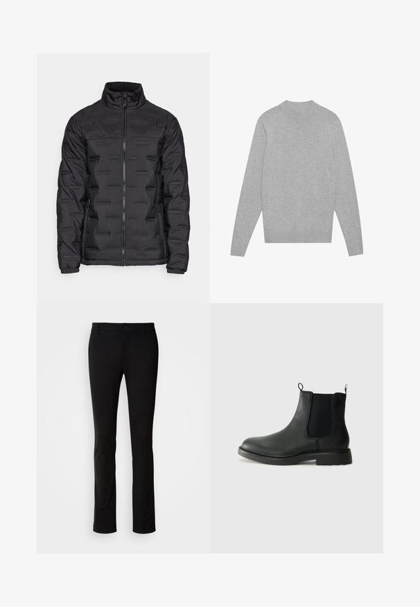 Mustapuffer-takki, jossa on korkea kaulus, täysipitkä vetoketju, teksturoidut vaakaviivat ja joustavat hihnat. Suunniteltu lämpöä ja mukavuutta varten.; Vaaleanharmaa pitkähihaisen pyöreäkauluksen neulepaita, jossa on raidoitettu kaulus, hihansuut ja helma, asetettuna tasaisesti valkoiselle taustalle.; Mustat housut, jotka on valmistettu sileästä kankaasta, mukana napin sulkeminen, vyölenkit ja suora lahje design. Ei näkyviä kuvioita tai yksityiskohtia.; Mustat nahkaiset Chelsea-saappaat, joissa on joustavat sivupaneelit, vetolenkit, pyöristetyt varpaat ja teksturoitu kumipohja. Sileä pinta ja kestävä muotoilu.