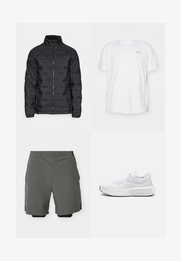 Melna pūkāde ar augstu apkakli, pilnu priekšējo rāvējslēdzēju, teksturētām horizontālām līnijām un elastīgām aprocēm. Izstrādāta siltumam un komfortam.; Baltas īsajiem piedurknēm sporta krekls, izgatavots no gludas auduma. Tam ir apaļa kakla izgriezums un pelēks logo uz kreisās krūtis, kā arī sānu šķēlumi apakšmalā.; Pelēki sporta šorti ar gludu, vieglu audumu un elastīgu jostasvietu, kurām ir iekšējas kompresijas šorti un sānu kabatas.; Balti sporta apavi ar teksturētu adītu augšdaļu, saites slēgšanu, mīkstu zoli un izteiksmīgu zīmola detaļu sānos.