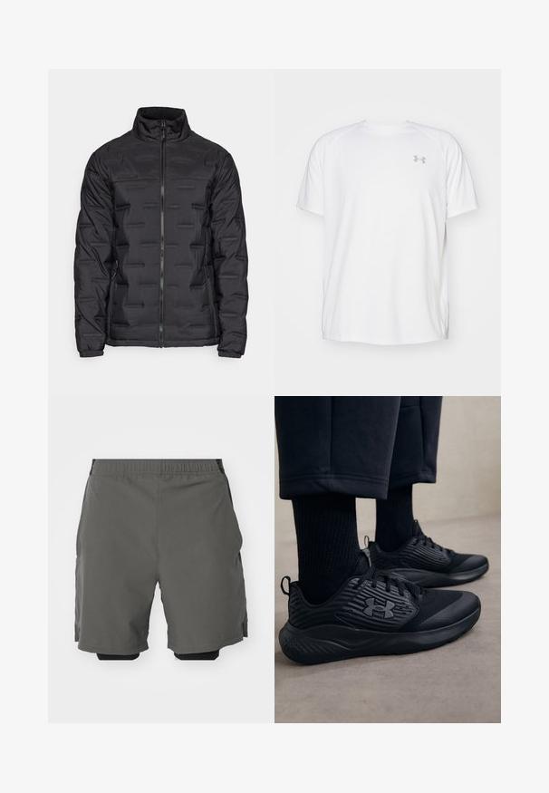 Must must jacket, mille kõrge kaelus, täispikk tõmblukk, tekstureeritud horisontaalsed jooned ja elastsed mansetid. Disainitud soojuse ja mugavuse nimel.; Valge lühikeste varrukate ja sportliku lõikega särk, millel on sile kangas. Omab ümarat kaelust ja halli logo vasakul rinnal, ning külgsuured lõhik kui lõhateel.; Halljinad hallid spordilühikesed püksid, millel on sile ja kerge kangas ning elastne vöökoht. Tootel on sisemised kompressioonishortsid ja küljetaskud.; Isik, kes kannab musti spordijalatsid, millel on tekstuurilised küljed ja logo, koos mustade sokkide ja lühikeste pükstega heledal põrandal.