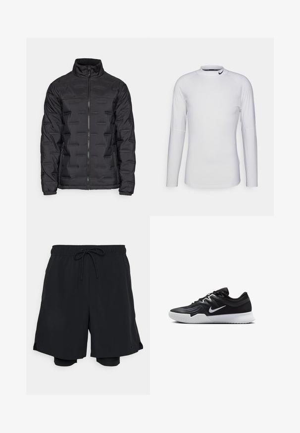 Mustapuffer-takki, jossa on korkea kaulus, täysipitkä vetoketju, teksturoidut vaakaviivat ja joustavat hihnat. Suunniteltu lämpöä ja mukavuutta varten.; Pitkähihainen, valkoinen urheilupaita, joka on valmistettu sileästä, joustavasta kankaasta. Paidassa on korkea kaulus ja musta Nike-logo kauluksessa.; Mustat urheilushortsit, jotka on valmistettu kevyestä kankaasta. Niissä on elastinen vyötärö, jossa on nauhakuja, sekä istuva sisäshortsi.; Musta urheilukenkä, jossa on teksturoitu päällinen, valkoinen Nike-tikkaus ja valkoinen kumipohja. Kenkässä on nauhakuji ja dynaaminen muoto.