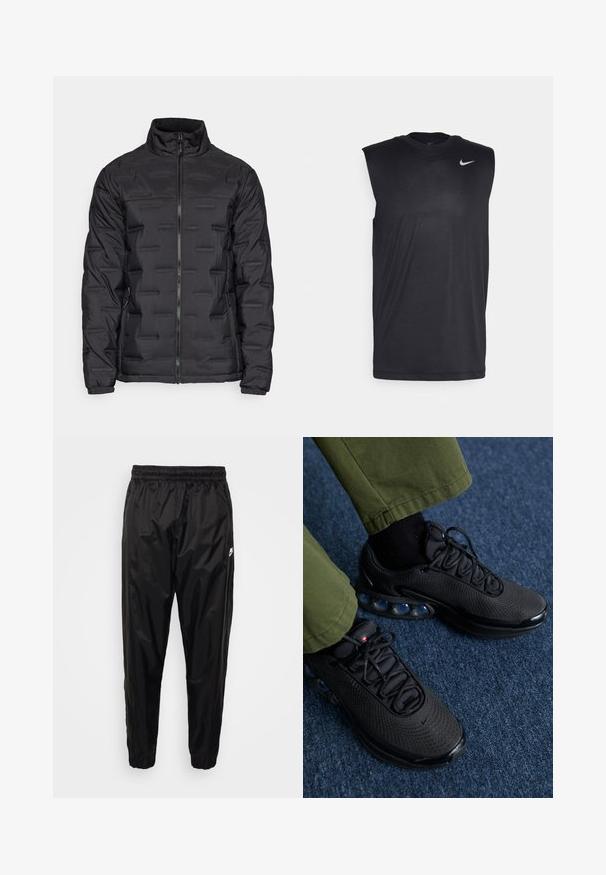Svart puffjacka med hög krage, hel dragkedja, texturerade horisontella linjer och elastiska muddar. Utformad för värme och komfort.; Svart ärmlös träningströja i mjukt tyg med rund halsringning och en liten vit Nike swoosh-logotyp på övre vänstra sidan.; Svarta träningbyxor i lätt, glansigt material med resårmidja, smal passform och fickor med dragkedja. Har en logotypdetalj.; Svarta sportskor med ett överdel i mesh, texturerad yta och synliga luftkuddar. I kombination med olivgröna byxor och svarta strumpor.