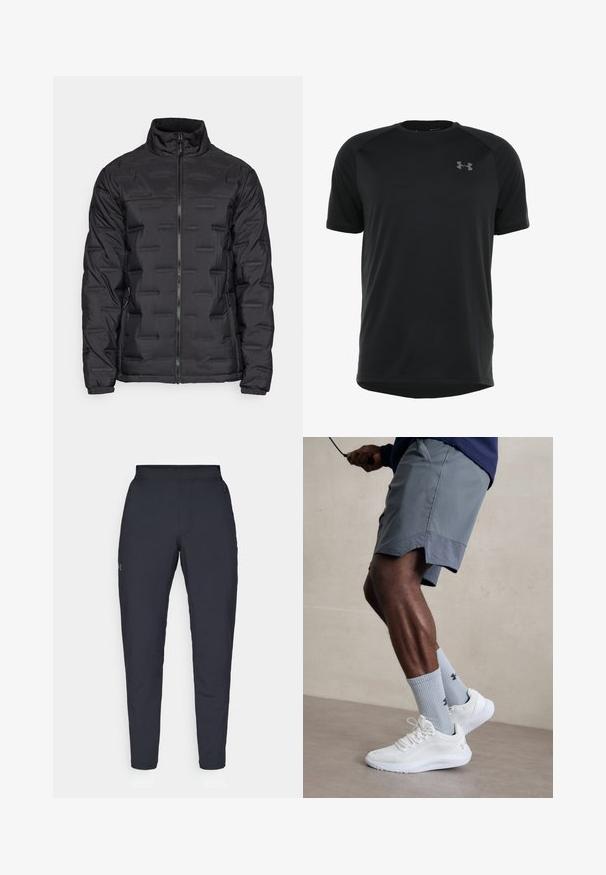 Mustapuffer-takki, jossa on korkea kaulus, täysipitkä vetoketju, teksturoidut vaakaviivat ja joustavat hihnat. Suunniteltu lämpöä ja mukavuutta varten.; Musta lyhythihainen urheilu paita, joka on valmistettu sileästä ja kevyestä kankaasta. Paitassa on pyöreä kaula-aukko ja huomaamaton logo rinnassa.; Mustat urheiluhousut, joissa on sileä pinta, kapea malli, joustava vyötäkuja ja sivutaskut. Vasemmassa reisissä on pieni logo.; Valkoiset urheilukengät, joissa on karkea verkkomateriaali, yhdessä vaaleansinisten ribattujen sukkien kanssa, joissa on logo. Harmaat urheiluhousut, joissa on rei'itetty reunus.