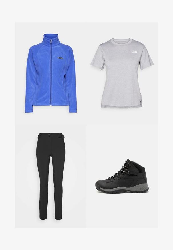 Columbia BENTON SPRINGS™ FULL ZIP - Fleecejacka - clematis blue; Grå kortärmad t-shirt i mjukt, fuktavledande tyg. Har en rund halsringning och en liten vit logotyp på övre vänstra sidan.; Svarta, åtsittande byxor tillverkade av ett flexibelt material. Funktioner inkluderar en ficka med dragkedja på sidan, artikulerade knän och en jämn yta.; Svart vandringskänga med mellanhög design, som har en texturerad överdel, grå accenter och en slitstark gummisula med greppklackar.