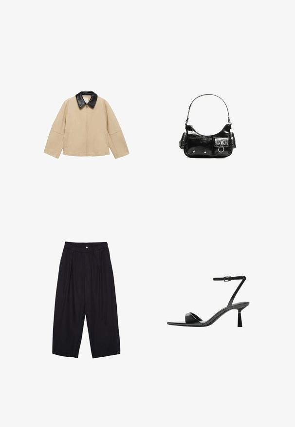 Bežová bunda s čiernym imitovaným koženým golierom, so zipsovým uzáverom a dvoma bočnými vreckami; má štvorecový strih a široké rukávy.; Svetlo béžové tričko s krátkym rukávom a okrúhlym výstrihom, vyrobené z jemnej, hladkej tkaniny. Má voľný strih a rovný lem.; Čierne polyesterové culotte nohavice s elastickým pásom, dvoma prednými záhybmi a voľným strihom. Žiadne viditeľné vzory ani detaily z kovu.; Bershka Sandále na vysokom opätku - black; Čierna laková kožená kabelka s ohnutým tvarom, jedným ramenným popruhom, prednými vreckami a striebornými kovovými doplnkami.