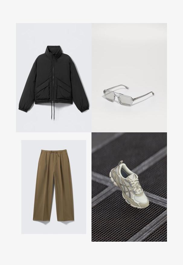 Veste noire matelassée avec col montant, fermeture éclair, poignets élastiqués et deux poches avant inclinées. Tissu lisse et léger.; Chemise blanche à boutons avec un motif à carreaux bleu marine, dotée d'une poche poitrine, d'un ourlet arrondi et de boutons en bois. Tissu léger.; Pantalons larges en vert olive, en tissu doux avec une taille élastique et un cordon de serrage ajustable. Comprend deux poches latérales.; Chaussure de sport beige avec une tige en mesh texturé, de subtils accents gris et une languette rembourrée. Design de semelle arrondie et confortable.; Emporio Armani Lunettes de soleil - shiny transparent grey