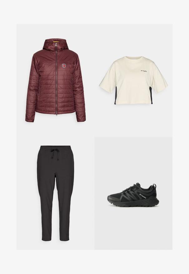 Burgunderfarbene isolierte Jacke mit Kapuze, ausgestattet mit einem Reißverschluss und horizontalem Steppdesign. Ein Patsch-Logo befindet sich auf der linken Brust.; Cremfarbendes, kurzes T-Shirt mit Rundhalsausschnitt, kurzen Ärmeln und schwarzen Seitenpanelen; verfügt über ein kleines schwarzes Logo auf der Brust.; Schwarze Jogginghose mit elastischem Bund, Kordelzug und Seitentaschen. Hergestellt aus einem glatten, leichten Stoff.; Columbia PEAKFREAK - Hikingschuh - black