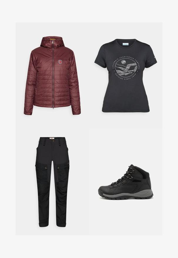 Maroon insulated jacket with a hood, featuring a zip front and horizontal quilting. A patch logo is positioned on the left chest.; Black Columbia t-shirt with white circular mountain and river line art and text "Columbia Sportswear Company Outside Since 1938."; Black cargo pants made of durable fabric, featuring multiple pockets, a zip fly, and a flat waistband. Textured knee and side details.; Black hiking boot with a mid-top design, featuring a textured upper, gray accents, and durable rubber sole with traction lugs.