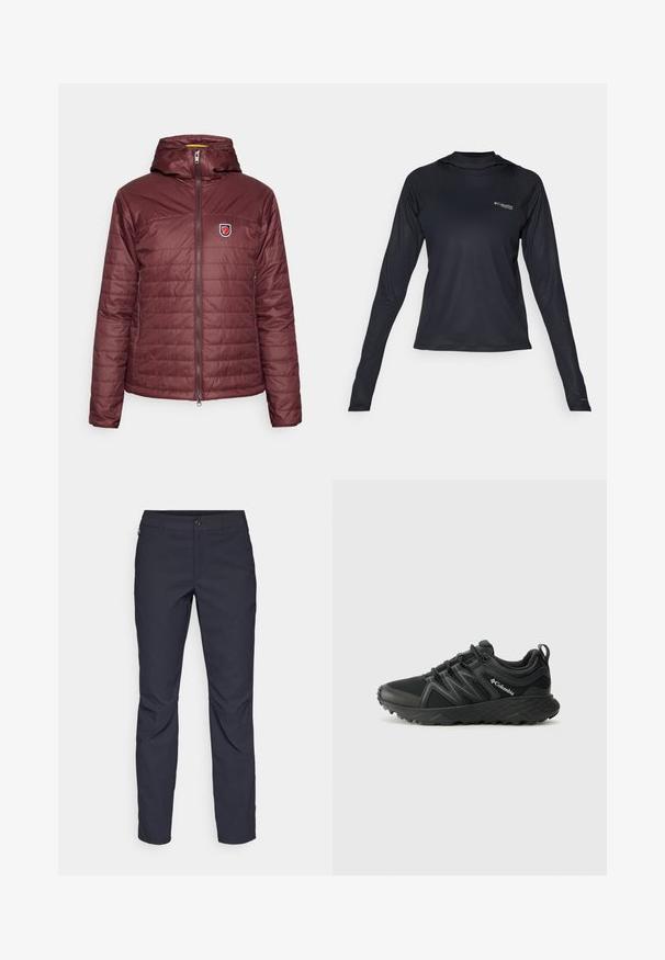 Burgunderfarget isolert jakke med hette, med glidelås foran og horisontale quiltede detaljer. Et merkelogo er plassert på venstre bryst.; Svart langermet treningstrøye laget av lett, pustende stoff. Har rund hals og Columbia-logoen på forsiden.; Marineblå bukser laget av glatt stoff, med frontknappelukking, slim-fit design og pressede detaljer ved knærne.; Columbia PEAKFREAK - Fjellsko - black