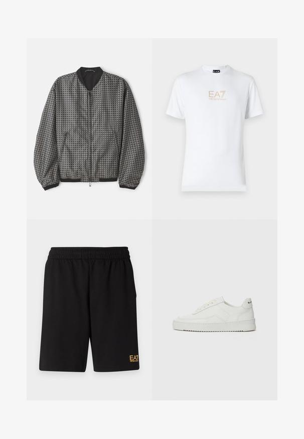 Strukturirana bomber jakna v sivi barvi z geometrijskim vzorcem. Ima zadrgo spredaj, črn ovratnik ter elastične manšete in rob.; Bela bombažna majica s krožnim izrezom in kratkimi rokavi, s pozlačenim logotipom EA7 Emporio Armani natisnjenim spredaj.; Črne športne kratke hlače iz mehkega blaga, z elastičnim pasom in majhnim rumenim logotipom EA7 na spodnjem levem delu noge.; Bela usnjena športna obutev z gladko površino, okroglo prst, ravne vezalke in teksturiran podplat. Ima diskretno logo na peti.
