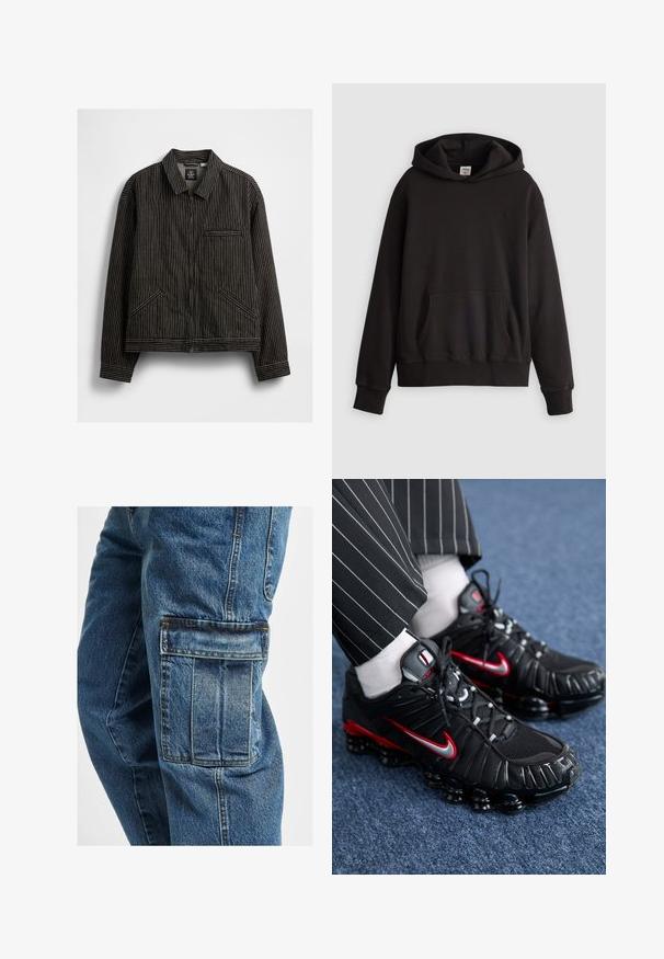 Fekete, cipzáros dzseki fehér függőleges csíkokkal, gallérral, két oldalsó zsebbel és egy mellzsebbel.; Fekete Levi's kapucnis pulóver elülső kenguruzsák zsebbel és diszkrét logóval hímzéssel a mellrészen, sima világos háttér előtt.; Farmernadrág, amely laza szabással, mély zsebekkel az oldalán, fakó kék színben, strapabíró varrással és enyhén textúrált anyaggal rendelkezik.; Fekete sportcipők piros és ezüst kiegészítőkkel, hálós és textúrázott szintetikus anyagokból, fűzős kialakítással és látható párnázott talppal.