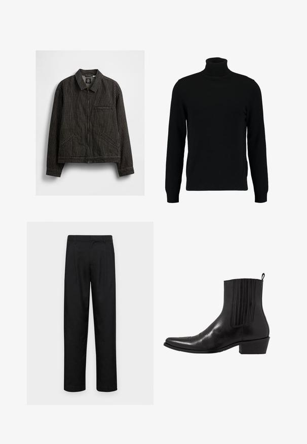 Jaqueta preta com fecho éclair e riscas verticais brancas, apresentando um colarinho, dois bolsos laterais e um bolso de peito.; Suéter de gola alta preto feito de um material de malha suave. Apresenta mangas longas, gola canelada e bainha. Design simples e elegante, sem padrões.; Calças pretas feitas de tecido suave, com um design de perna reta, dois pregas frontais e uma cintura padrão com passantes para cinto.; Bota de tornozelo em couro preto com bico fino, painéis laterais elásticos, detalhes de costura vertical e um salto bloco baixo.