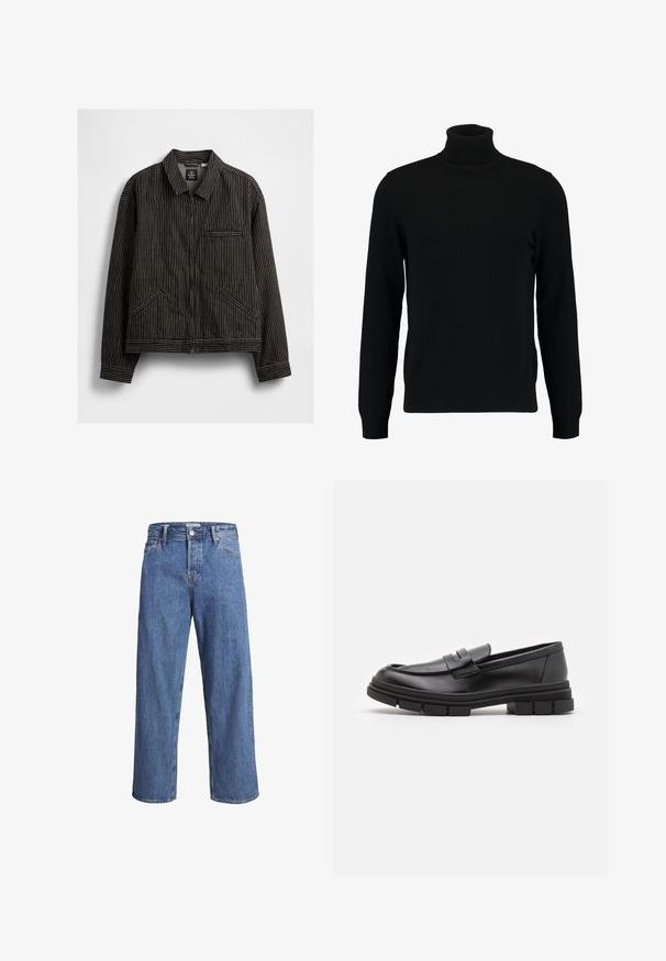 Musta vetskari, jossa on valkoiset pystysuorat raidoitukset, kaulus, kaksi sivutaskua ja rintatasku.; Mustat poolokauluspusero, joka on valmistettu pehmeästä neulomateriaalista. Siinä on pitkät hihat, ribbireunus kauluksessa ja helmassa. Yksinkertainen, tyylikäs muotoilu ilman kuvioita.; Vaaleansiniset farkut, joissa on suora lahje, korkea vyötärö ja minimaliset ompeluyksityiskohdat. Kangas on pehmeä ja hieman haalistunut.; Mustat nahkaa olevat loaferit, joissa on sileä pinta, varustettuna edessä olevalla hihnalla ja paksulla kumipohjalla, jossa on uritettua muotoilua.