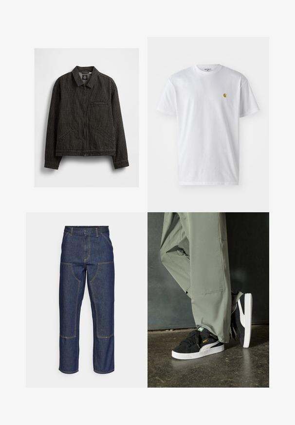Juoda zip-up striukė su baltomis vertikaliomis dryžuotėmis, turinti apykaklę, dvi šonines kišenes ir krūtinės kišenę su įpjova.; Balta medvilnės marškinėliai su trumpomis rankovėmis, apvalia iškirpte, kuriuose kairėje krūtinės pusėje yra mažas auksinis logotipas. Minkšta tekstūra ir reguliari forma.; Tamsiai mėlynos džinsinės kelnes su aukštu liemeniu, tiesaus kirpimo dizainu, kontrastinėmis siūlėmis ir kišenėmis priekyje.; Juodi suede sportbačiai su baltais guminiais padais ir šoninėmis juostelėmis, derinami su šviesiai žaliais kargo kelnais, stovintys ant tekstūruoto tamsaus paviršiaus.