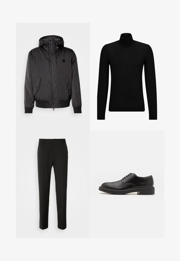 HUGO BERNANDO - Overgangsjakke - black; Sort turtleneck sweater lavet af blødt materiale, med lange ærmer og en tætsiddende pasform. Ribbet trim ved kanten og manchetter. Simpelt design.; Sorte bukser lavet af glat stof, med lige ben, en knaplukning og et klassisk design, der er velegnet til både formelt og uformelt brug.; Sorte læder snørestøvle med rund tå, glat tekstur, minimal syning og lav gummihæl. Logo på hælen.