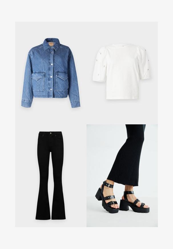 Nupukangas denim-takki keskisinisessä sävyssä. Varustettu napituksella, kauluksella ja kahdella etupussitaskulla. Lyhennetty malli, jossa on ommeltuja yksityiskohtia.; Valkoinen puuvillainen t-paita lyhyillä puffihihnoilla, joissa on pieniä hopeisia koristeita hihojen varrella. Klassinen pyöreä kaula-aukko, rento malli.; Mustat korkeavyötäröiset farkut nappi- ja vetskariyläosalla, etutaskuilla ja levenevillä lahkeilla, asetettuna tasaisesti valkoista taustaa vasten.; Mustat alustossut, joissa on paksut, uritetut pohjat ja useita hihnoja, varustettuna metallisilla soljilla ja sileällä nahkamaisten materiaalien pinnalla.